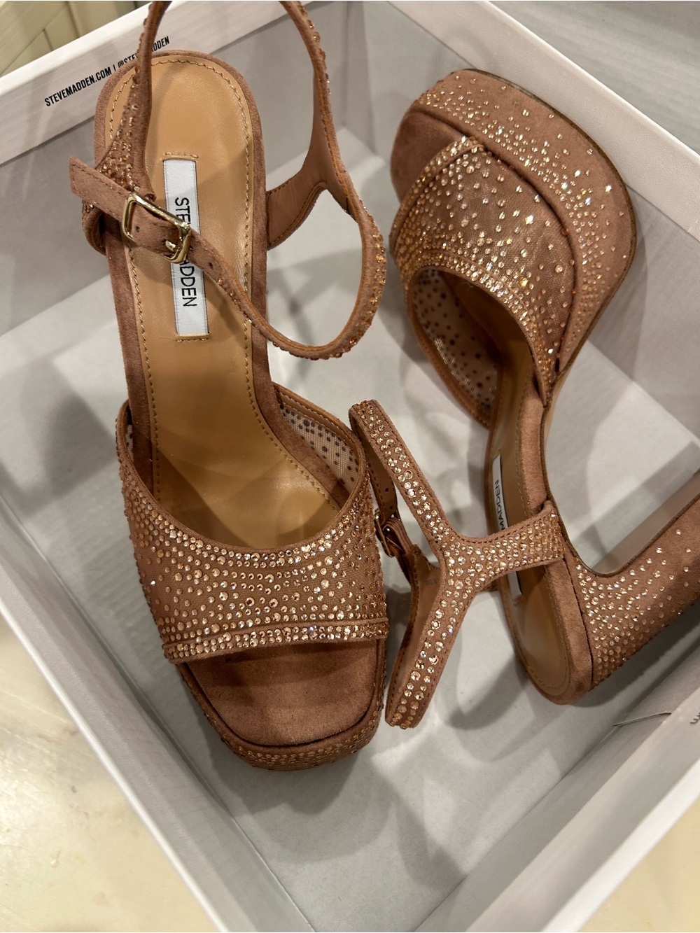 Steve Madden Bronze/Tan Rhinestone Block Heel Sandals - Picture 2 of 5